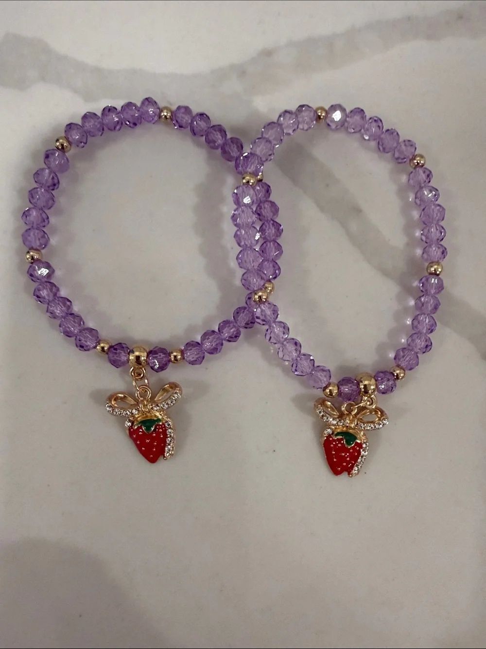 Purple Beaded Bracelets with Strawberry Charm (Pair)